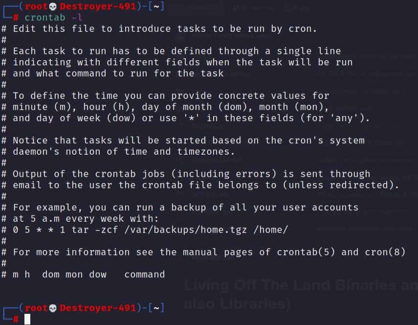 "crontab -l" crontab file and proves the cronjob is hidden.
