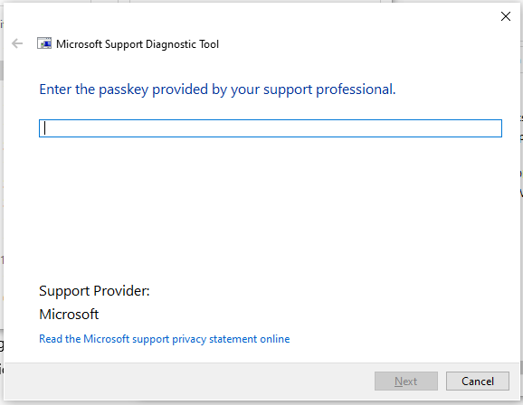 MSDT tool asking for a passkey.