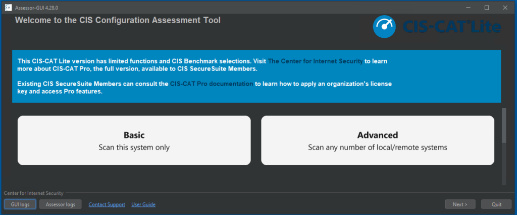 CIS Controls Self-Assessment Tool(CIS-CAT) main menu