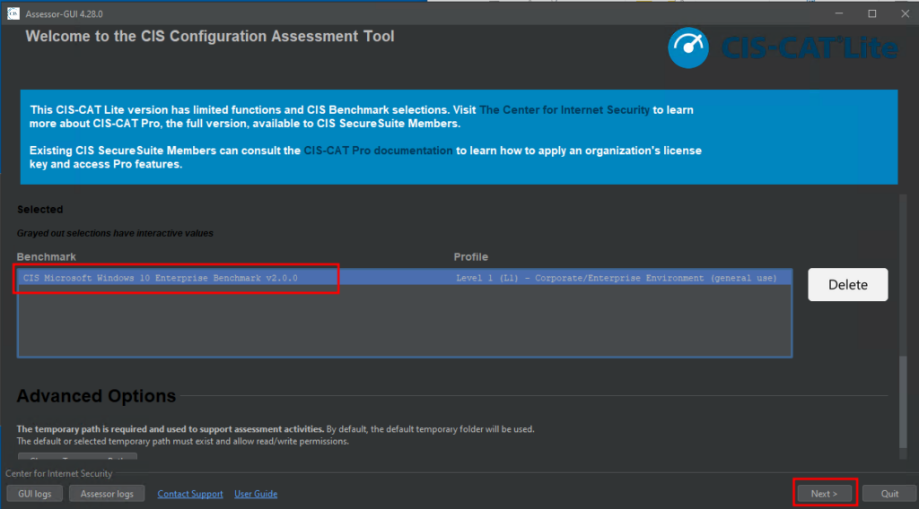 CIS Controls Self-Assessment Tool(CIS-CAT) OS hardening test select page.