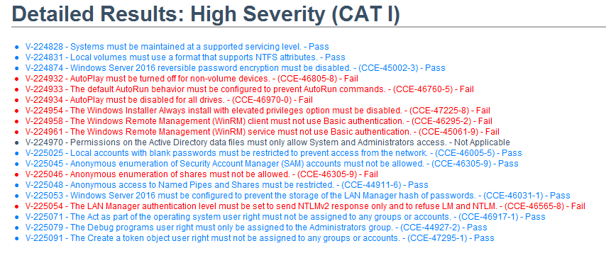 NIST SCAP Configuration Compliance Test Results Detailed Results: High Severity (CAT I)