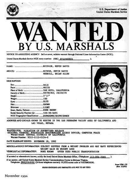 Wanted poster of Kevin Mitnick