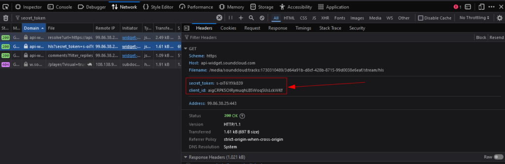 SoundCloud secret_token data in http GET request.